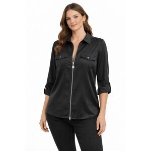 Black Zip-Up Utility Blouse with Roll-Tab Sleeves